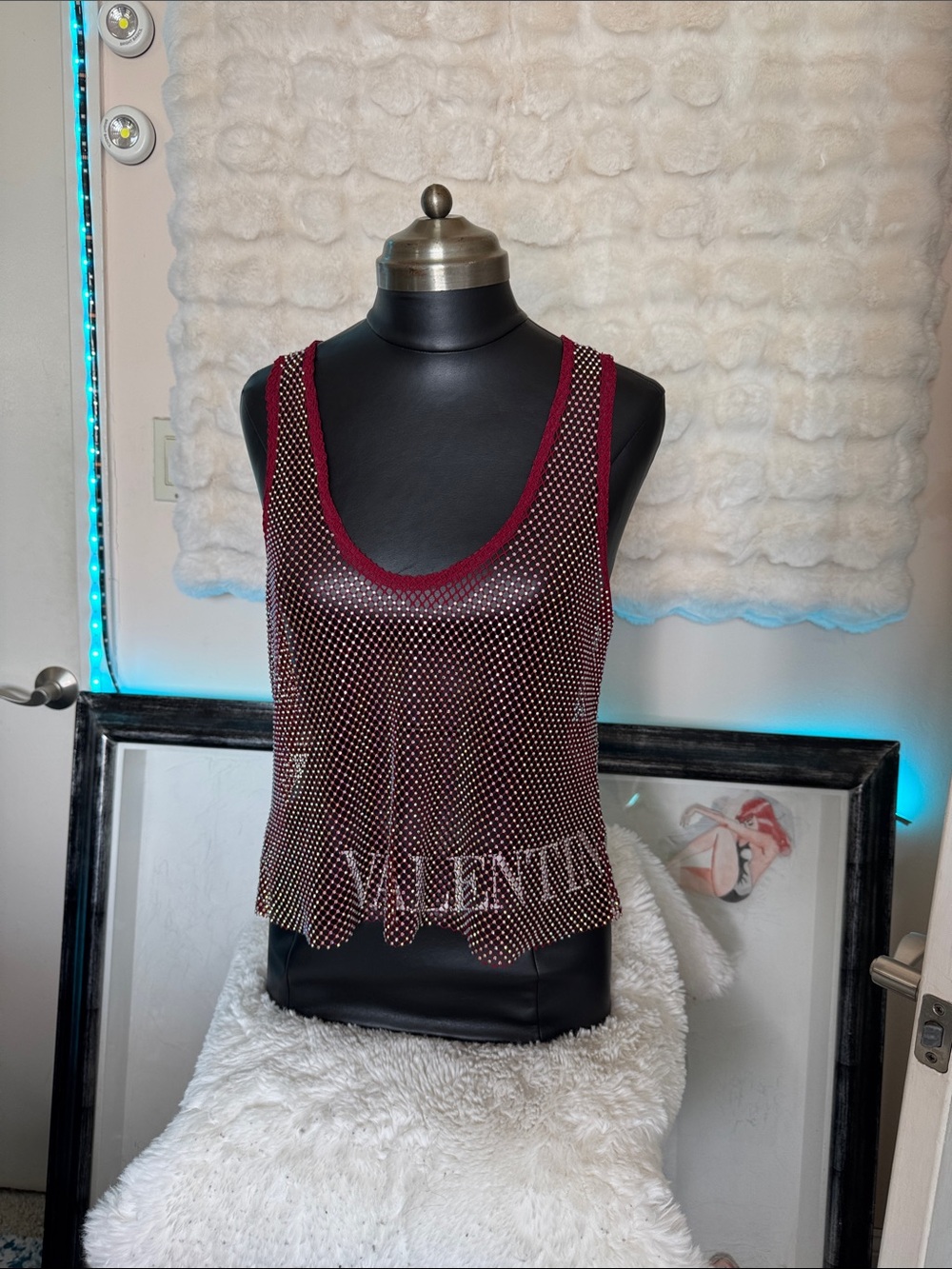 Free People Burgundy Rhinestone Mesh Tank Top
